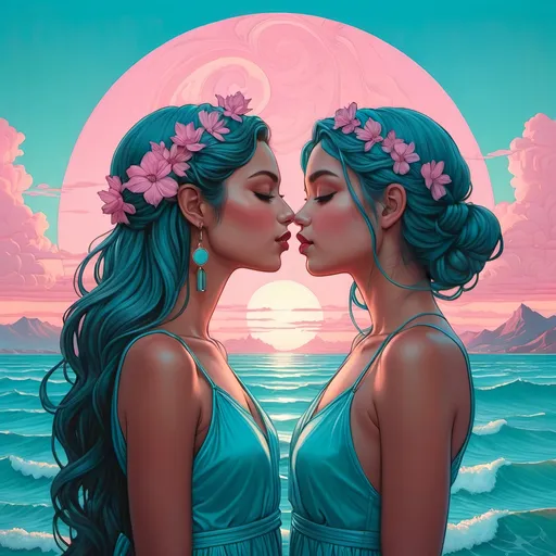 Prompt: muted pink sky and blue aqua sisyphean miracle minimalist emotionally impactful beauty in a surreal pop art style whispering in quirky fun casey weldon mucha davinci and guweiz illustration painting