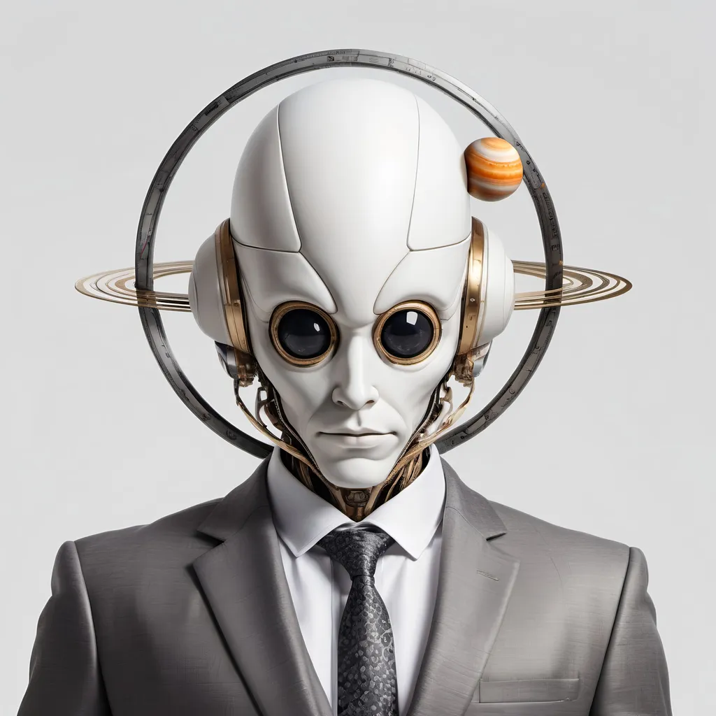 Prompt: a heliocentric humanoid with a head made of the planet Saturn, orbiting planets around head, rings, white background, hyperrealistic, wearing a suit, dynamic cinematic composition, full profile