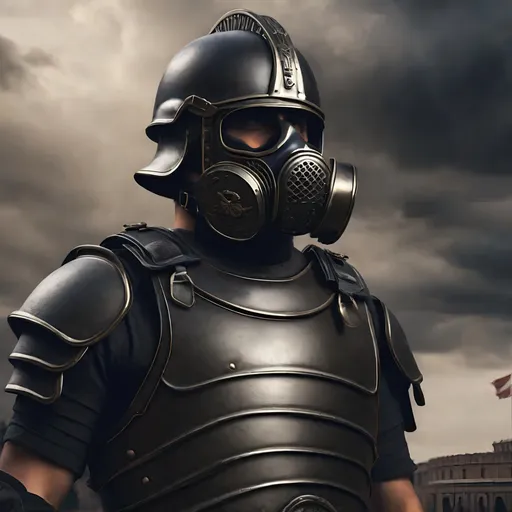 Prompt: A modern roman military male in black military armor galea helmet of roman armor, and gas mask, background military base, Hyperrealistic, sharp focus, Professional, UHD, HDR, 8K, Render, electronic, dramatic, vivid, pressure, stress, nervous vibe, loud, tension, traumatic, dark, cataclysmic, violent, fighting, Epic