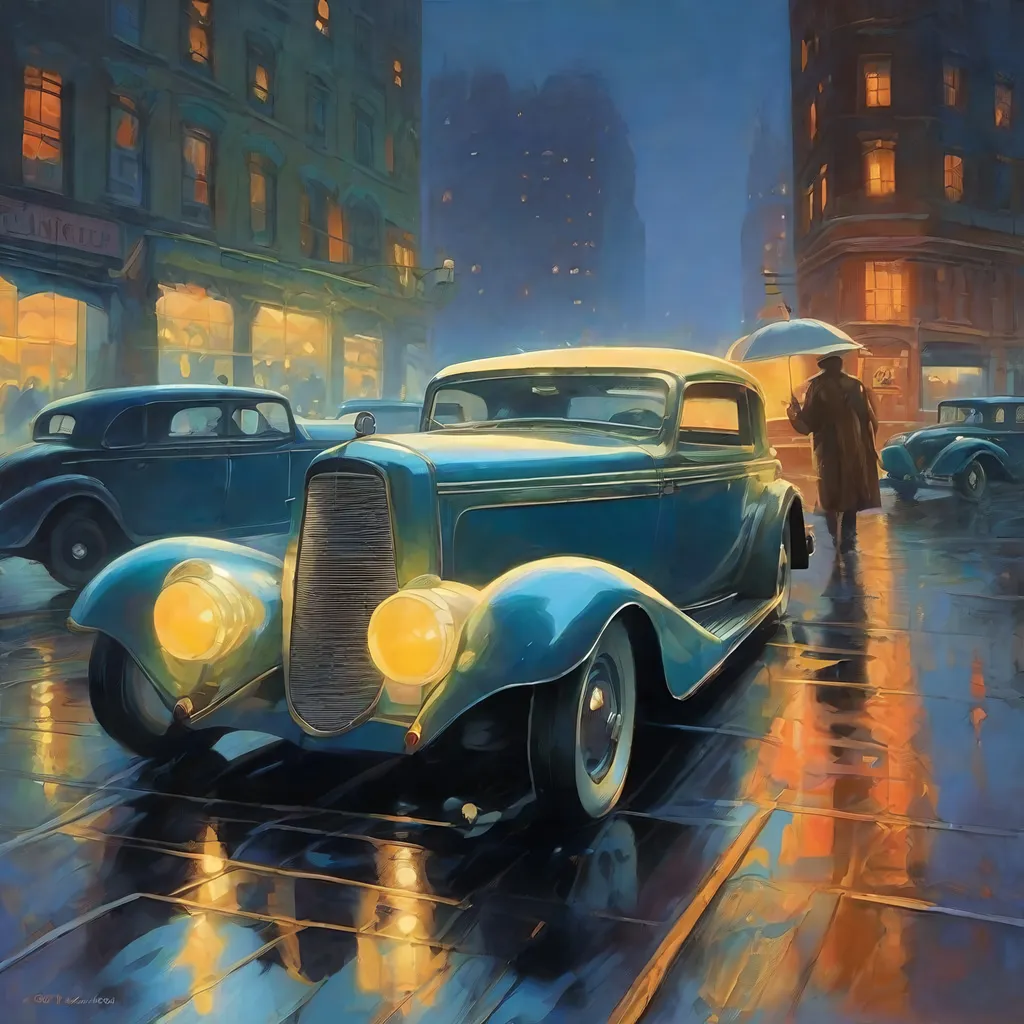 Prompt: 1930s, downtown New York at night, neon, car chase, rain, fog, cold blue atmosphere, cartoony style, extremely detailed painting by Greg Rutkowski and by Henry Justice Ford and by Steve Henderson 

