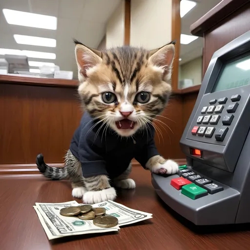 Prompt: very angry kitten robbing bank.