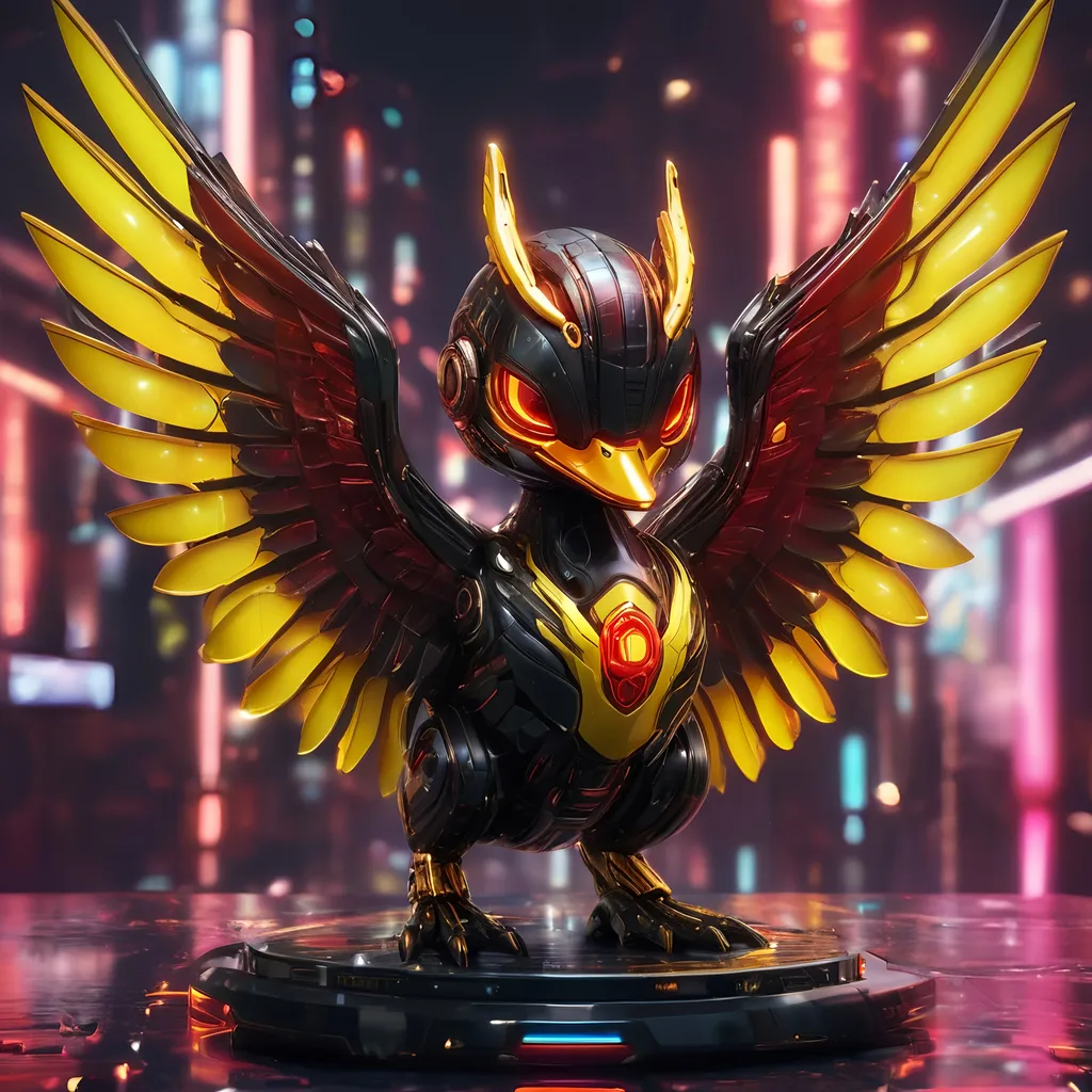 Prompt: small kawaii style duck mech, metallic and sleek design, futuristic sci-fi style, intense yellow and red color scheme, sparkling neon lights, mech wings, miniature scale, highres, ultra-detailed, sci-fi, futuristic, metallic sheen, intense color scheme, miniature scale, neon lights, detailed design, professional, atmospheric lighting