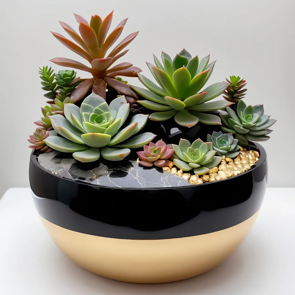 Prompt: giant Onyx and gold pot with succulents inside.