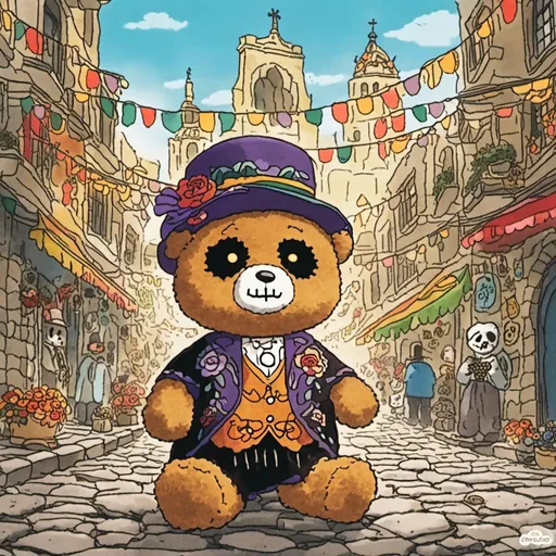 Prompt: a teddy bear dressed in dias de los muertos attire, he is surrounded by an old cobblestone city background.
<mymodel>