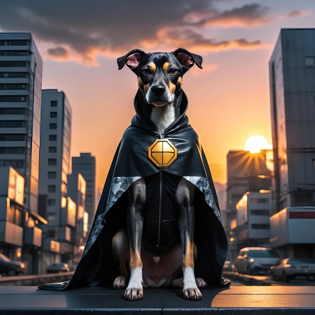 Prompt: mountain cur black dog in japanese cyberpunk city with sun set in a cape