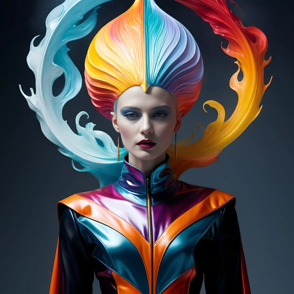 Prompt: high priestess, woman minimalism avangard, full body portrait, fashion model wearing colorful avant-garde outfit inspired by siphonophore designed by Mugler, fashion shoot in photographed by Mario Sorrenti, falling, highly detailed, lens flare emptiness of loss in a deep spiritual expression, a dark symbol of peaceful death, to carry in the bifrost of eternal time, sweetness of a subtle masterpiece of tranquility over cold and warmth. masterful impasto oil technique, ethereal background 