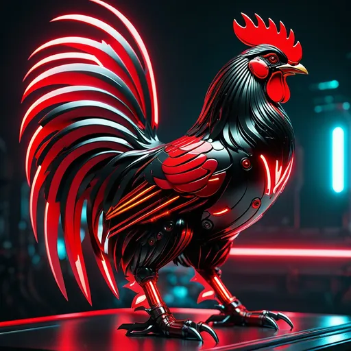 Prompt: rooster mech, metallic and sleek design, futuristic sci-fi style, intense red and black color scheme, sparkling neon lights, miniature scale, highres, ultra-detailed, sci-fi, futuristic, metallic sheen, intense color scheme, miniature scale, neon lights, detailed design, professional, atmospheric lighting