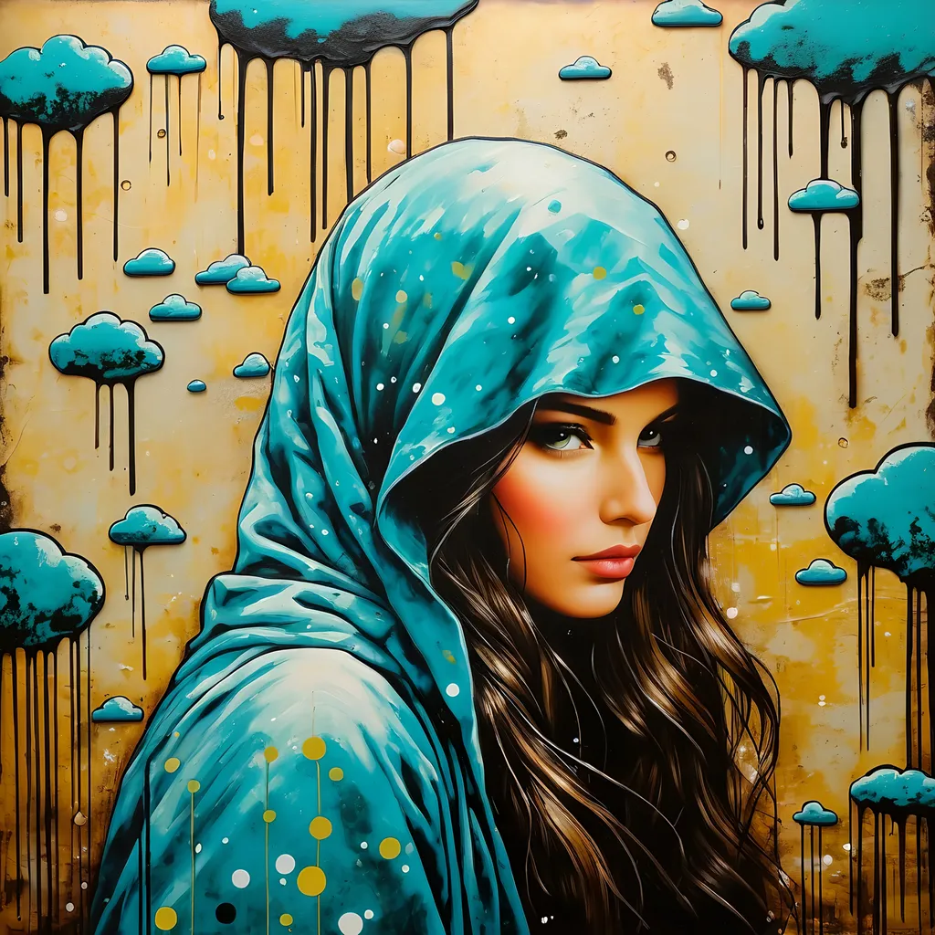 Prompt: She is in a graffiti monsoon, encaustic painting, inlays 