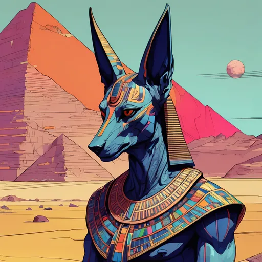 Prompt: Anubis glitch god. 
Science Fiction, Retrofuturism, Gore, Cosmic Horror, Fine inking, Clean linework, comic illustration, flat shading, Colour transitions, Maximalism, Beautifully illustrated forms, beautiful background scenery, Warm and cold colour mix, Triadic colour palette, Dark vibrancy, soft lighting, Complexity, Storytelling, Dynamic Poses, High quality, Sharp focus, Tight colour range, Full scene, Filmic, 