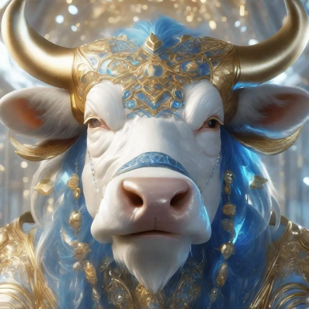 Prompt: A white, blue and gold translucent dwarf bull humanoid made of the element wind in heaven, highly detailed painting, photorealistic, sparkles, magical atmosphere, 8k