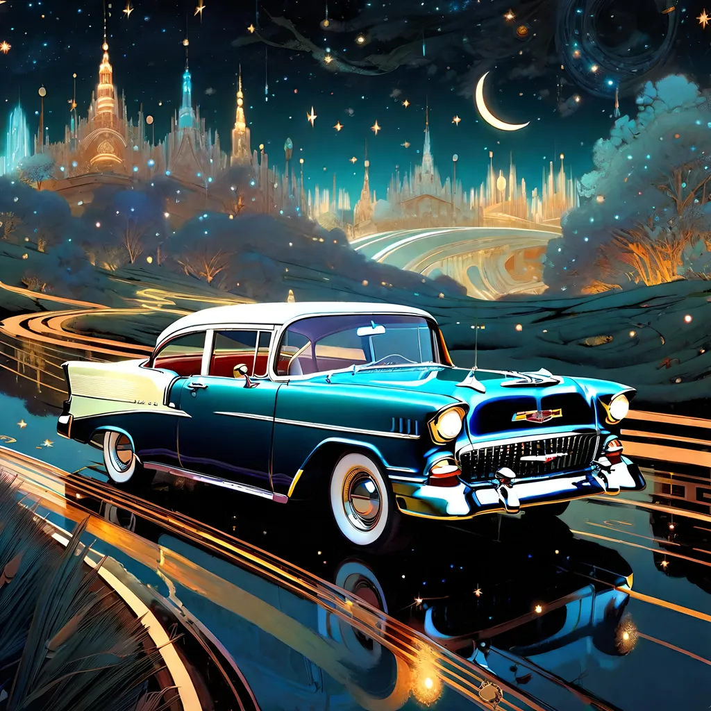 Prompt: a beautiful 55 chevy, starry sky, highly detailed, intricate motifs, organic tracery, perfect composition, digital painting, artstation, concept art, smooth, sharp focus, illustration, Carne Griffiths,  Victo ngai, Jean Baptiste Monge, shiny aura, old but robust, bright but deep 