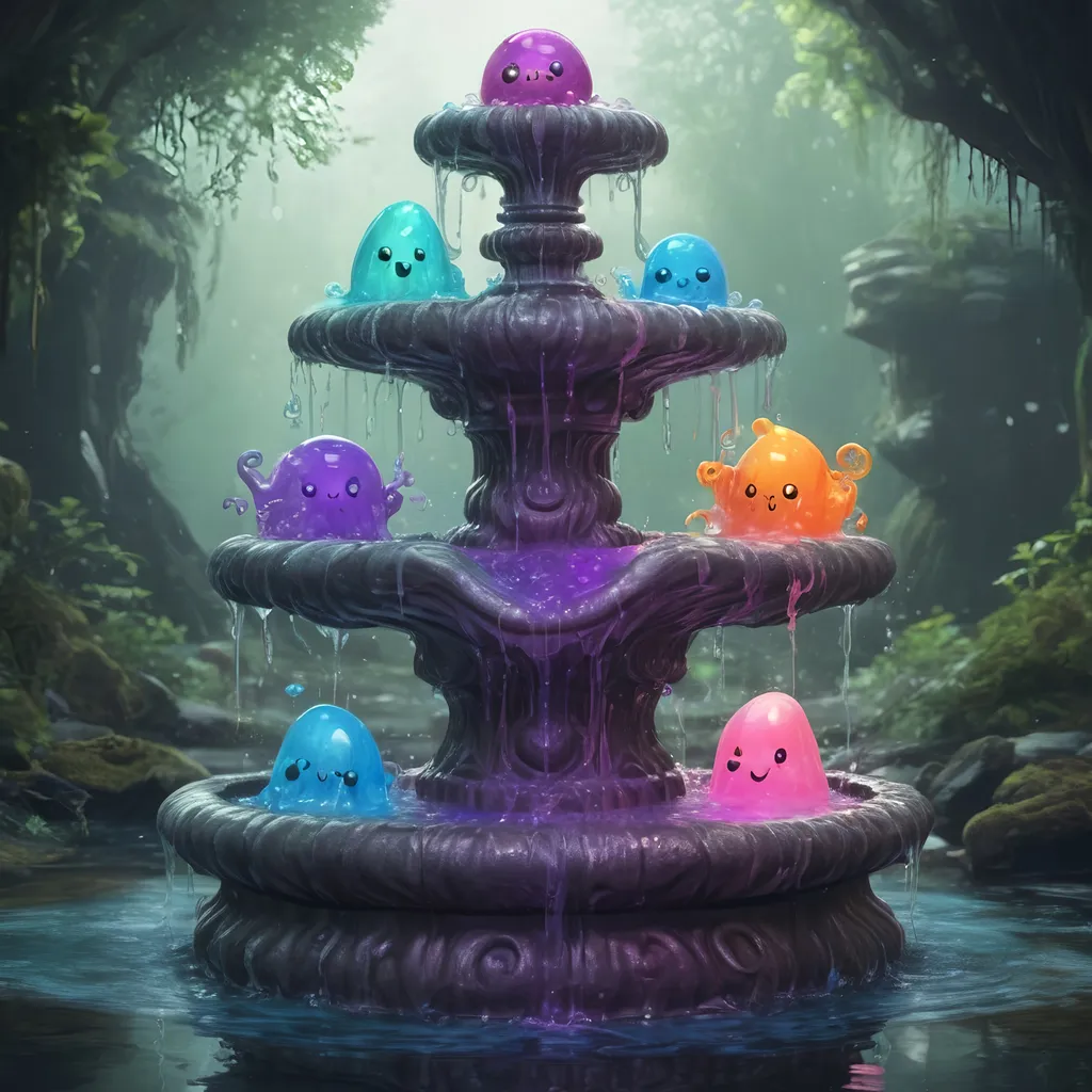 Prompt: A four-way fountain each side filled with strange glowing dancing slimes in many colors, in zen tangle art style
