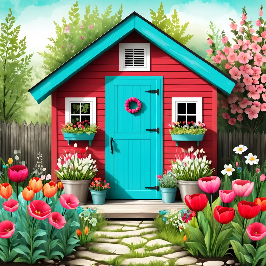 Prompt: textile garage sale trash polka art, large beautiful flower garden, cute little garden shed, Spring