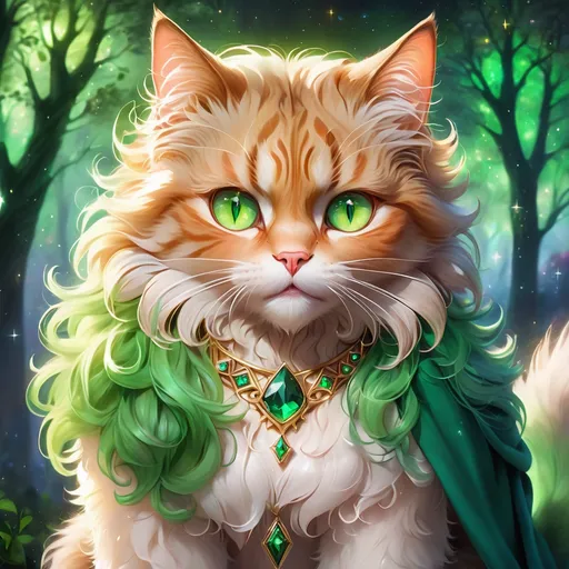 Prompt: wizard cat with {green fur} and {emerald green eyes}, senior female cat, earth element, trees, Erin Hunter, gorgeous anime portrait, beautiful cartoon, 2d cartoon, beautiful 8k eyes, elegant {green fur}, pronounced scar on chest, fine oil painting, modest, gazing at viewer, beaming green eyes, glistening green fur, low angle view, zoomed out view of character, 64k, hyper detailed, expressive, timid, graceful, beautiful, expansive silky mane, deep starry sky, golden ratio, precise, perfect proportions, vibrant, standing majestically on a tall crystal stone, hyper detailed, complementary colors, UHD, HDR, top quality artwork, beautiful detailed background, unreal 5, artstaion, deviantart, instagram, professional, masterpiece