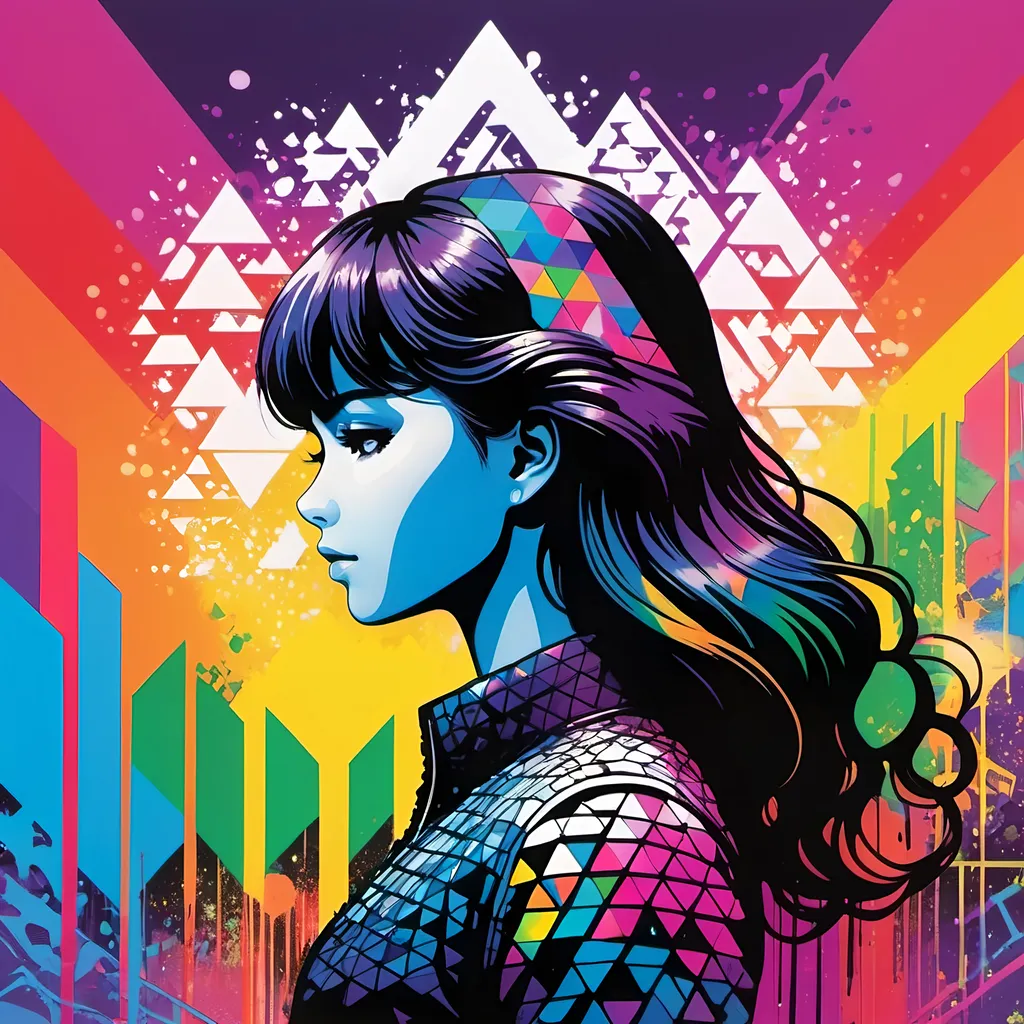 Prompt: Rainbow Cellular automata arranged around a Graffiti Girl's silhouette, on a splashy 1980s inspired backdrop, anime art 