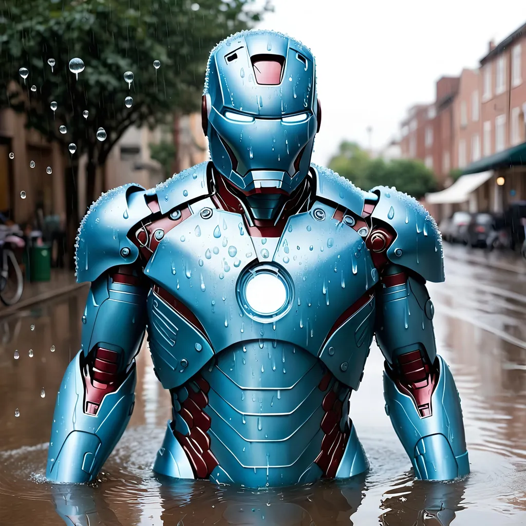 Prompt: Baby blue Iron Man suit that is covered in water droplets.
