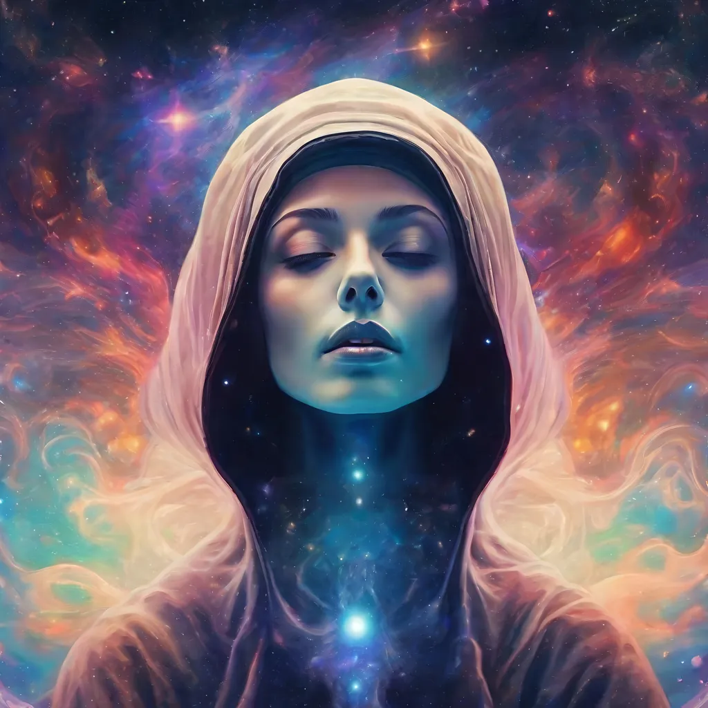 Nun exhaling galaxies and stars, surreal digital art... | OpenArt