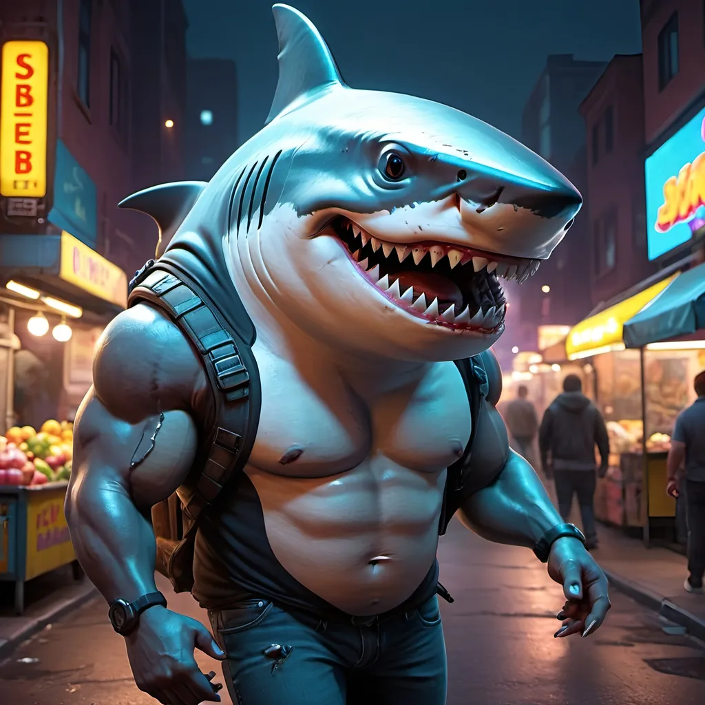 Prompt: anthropomorphic shark wearing cyberpunk street vendor, realistic, muscular, human proportions, on the streets of Night City, huge grin, lots of scars, cyberpunk,  high definition, professional Pixar, Disney, concept art, 3d digital art, Maya 3D, ZBrushCentral 3D shading, bright colored background, radial gradient background, cinematic, Reimagined by industrial light and magic, 4k resolution post processing