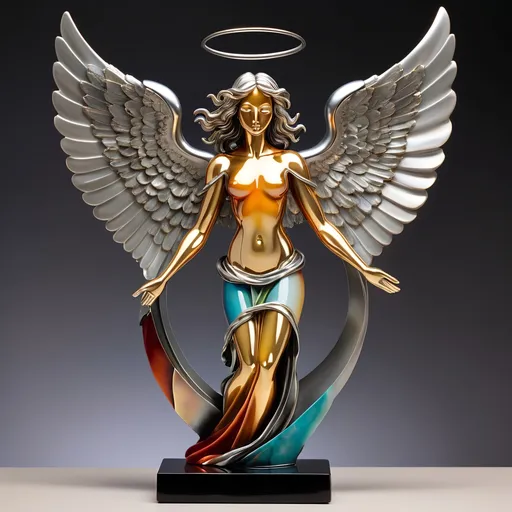 Prompt: Abstract metal tabletop sculpture in the shape of a biblical angel, platinum and onyx, bright solid colored background, high quality, metallic, modern, vibrant colors, detailed textures, professional lighting
