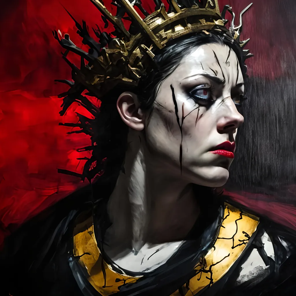 Prompt: Lady Macbeth with fierce ambition and ruthless determination, bold reds, blacks, and golds, sharp lines, dramatic angles, neon crown, high contrast, oil painting, detailed facial features, intense gaze, regal posture, dark and atmospheric lighting, highres, high quality, dramatic, Shakespearean, royal, powerful, intense colors, emotional, professional