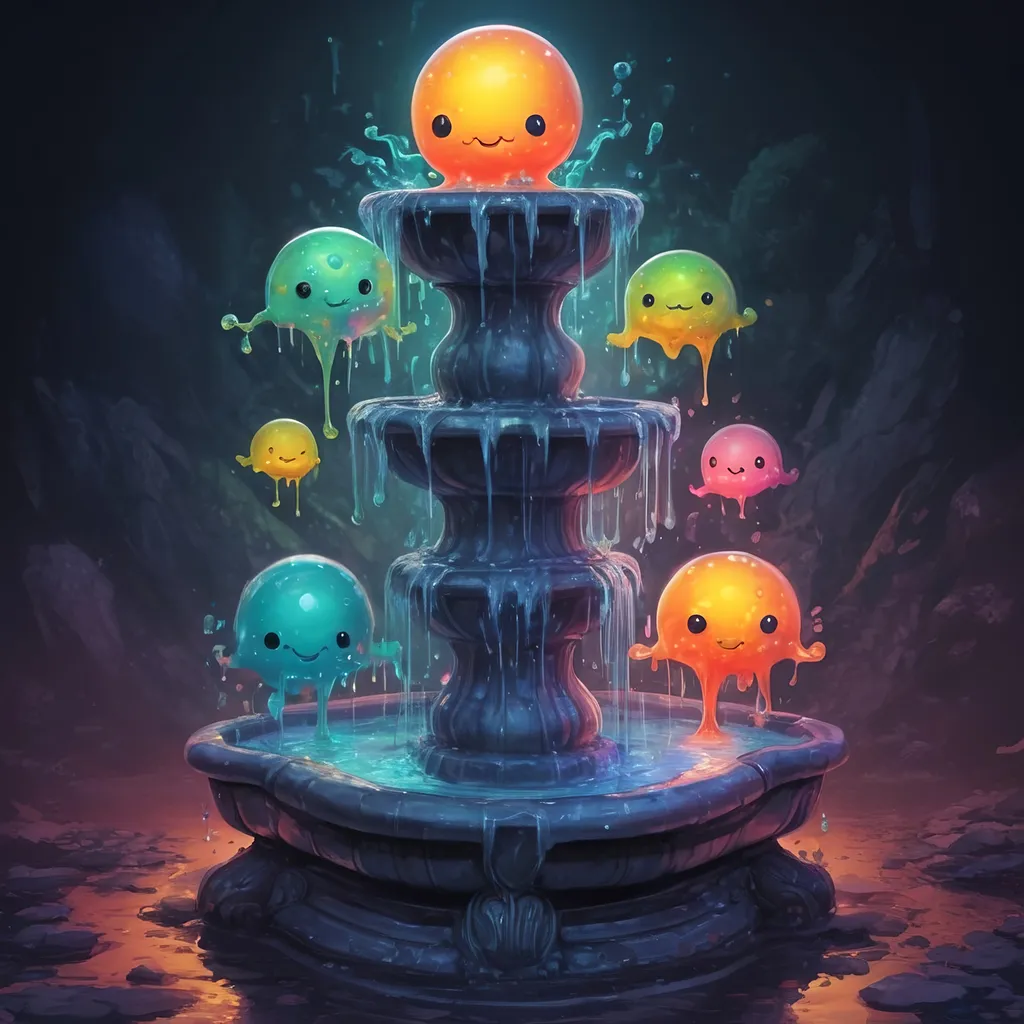 Prompt: A four-way fountain each side filled with strange glowing dancing slimes in many colors, in zen tangle art style
