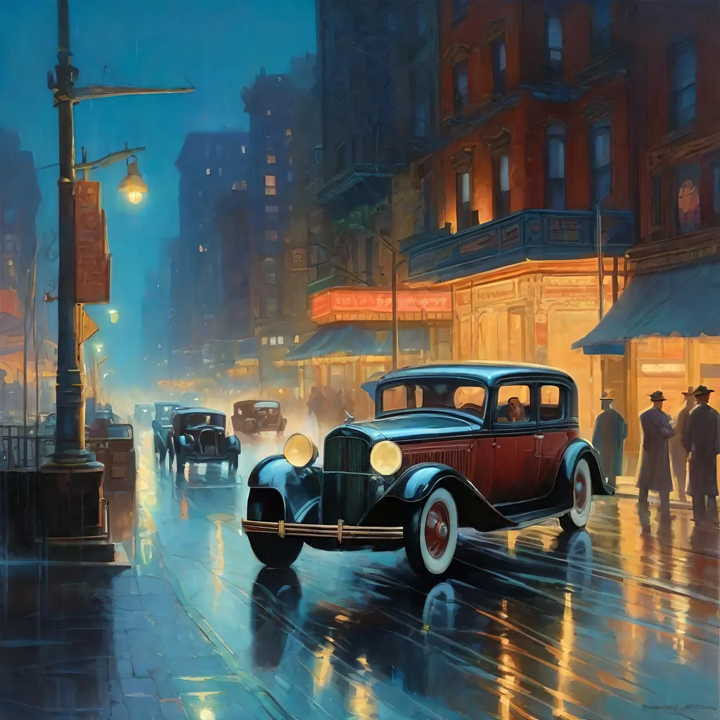 Prompt: 1930s, downtown New York at night, neon, car chase, rain, fog, cold blue atmosphere, cartoony style, extremely detailed painting by Greg Rutkowski and by Henry Justice Ford and by Steve Henderson 

