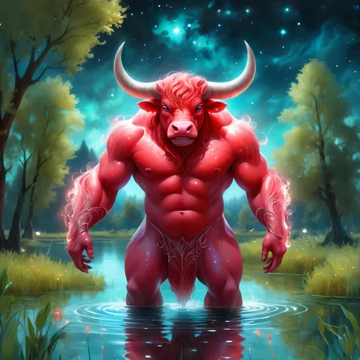 Prompt: An fantasy red translucent dwarf bull humanoid that is glowing on a lake surrounded by willows. Starry night. Bioluminescent. Beautiful. Majestic. Graceful. Terrifying. Powerful. Highly detailed painting. 8k.
