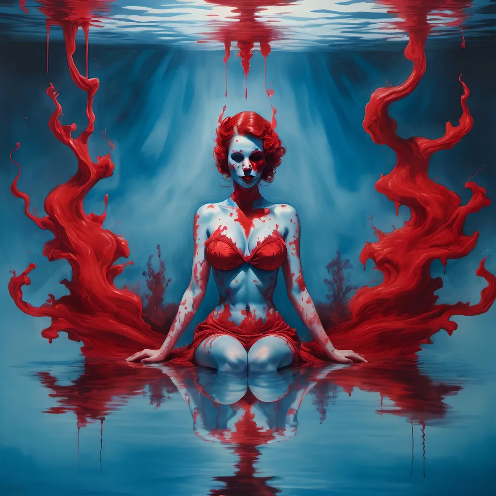 Prompt:  the rorschach pin up lady of smoke and mirrors in a blue water and red ink land, surreal, photorealistic 