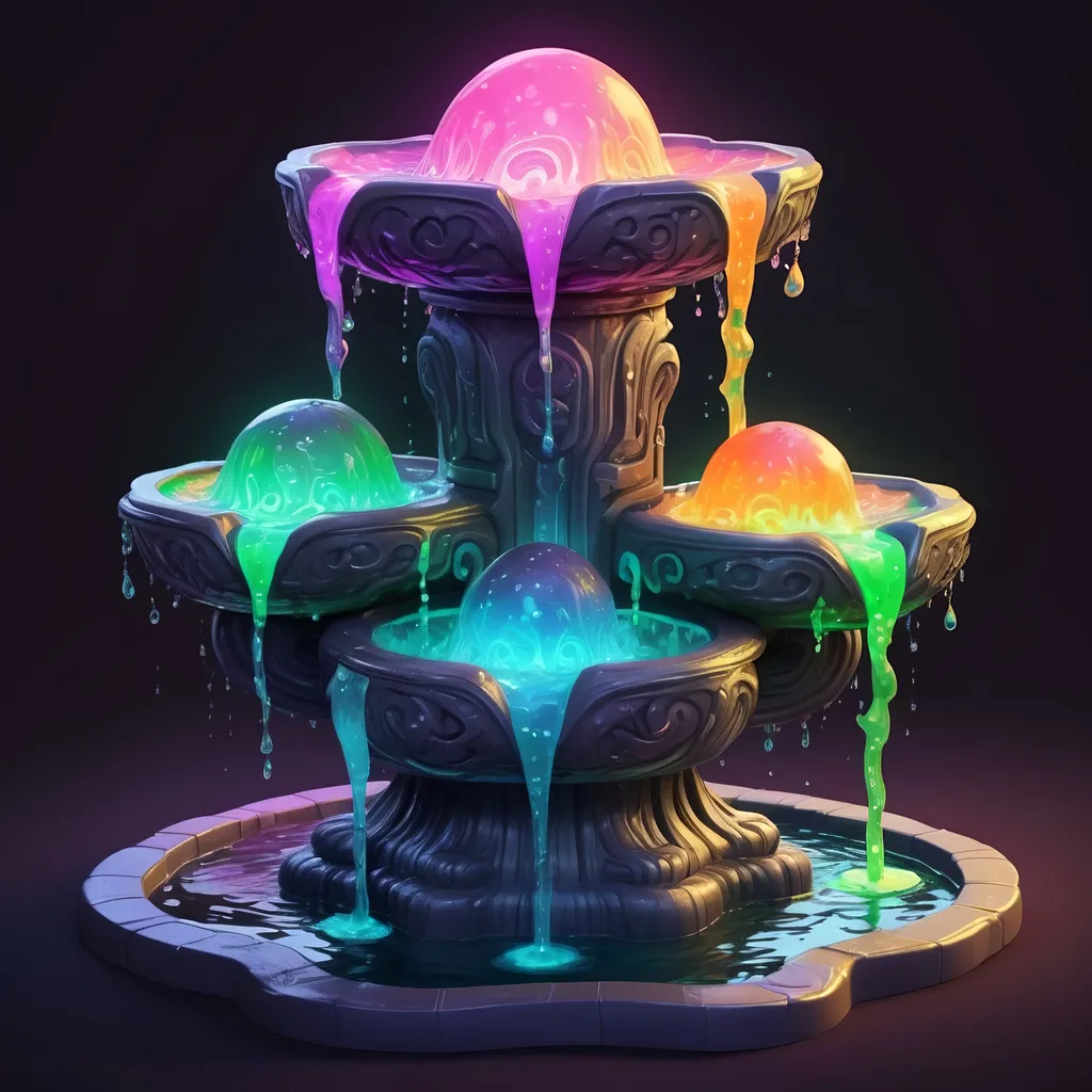 Prompt: A four-way fountain each side filled with strange glowing slime in many colors, in zen tangle art style
