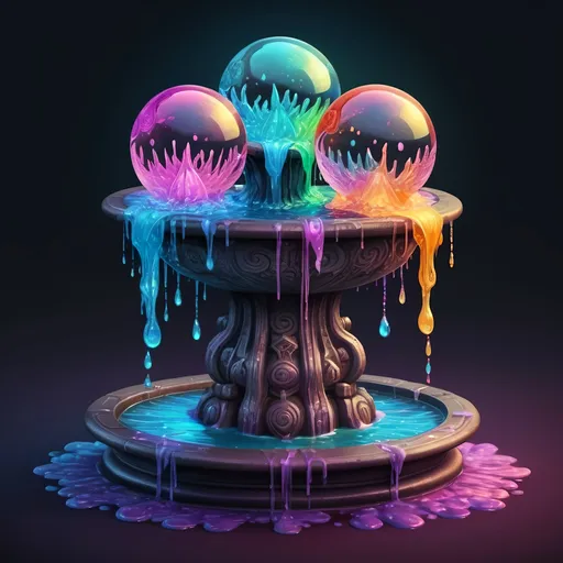 Prompt: A four-way fountain each side filled with strange glowing dancing crystal sphere dripping slime in many colors, in zen tangle art style
