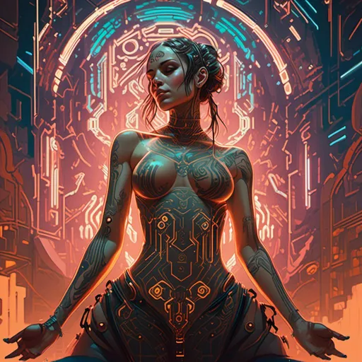 Prompt: An ominous 
muscly monk with  her  back

fully tattooed by glowing neon circuitry 

, a stunning Alphonse Mucha's masterpiece in <mymodel> sci-fi cyberpunk artstyle by Anders Zorn and Joseph Christian Leyendecker

, neat and clear tangents full of negative space 

, detailed dramatic lighting with contrasting shadows and highlights enhancing depth of perspective and 3D volumetric drawing

, a  vibrant and colorful high quality digital  painting in HDR