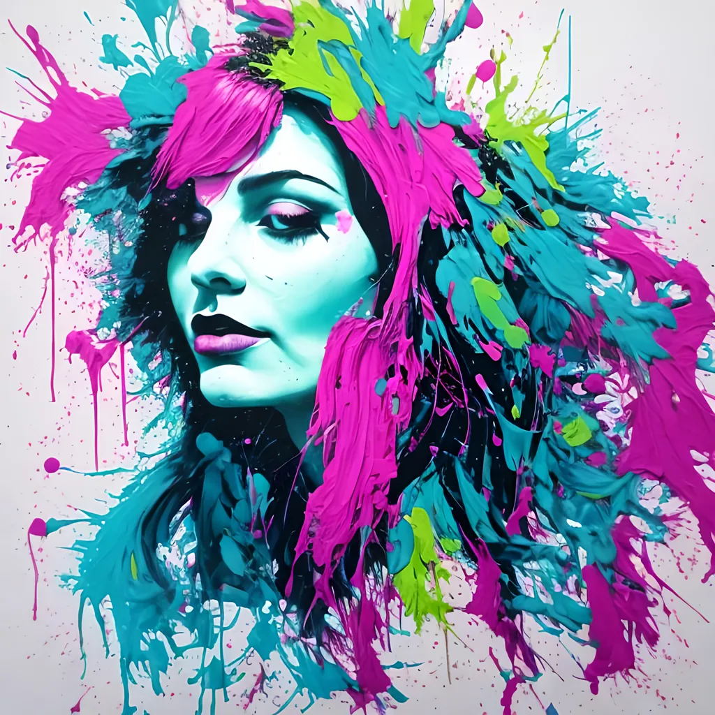Prompt: woman, magenta and turquoise paint splatter