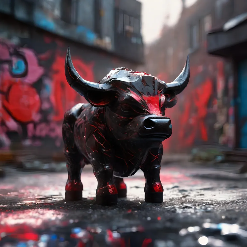 Prompt: A black and red translucent small dwarf bull humanoid made of black carbon fiber, graffiti all over it, standing up in the ghetto, highly detailed painting, photorealistic, sparkles, magical atmosphere, 8k