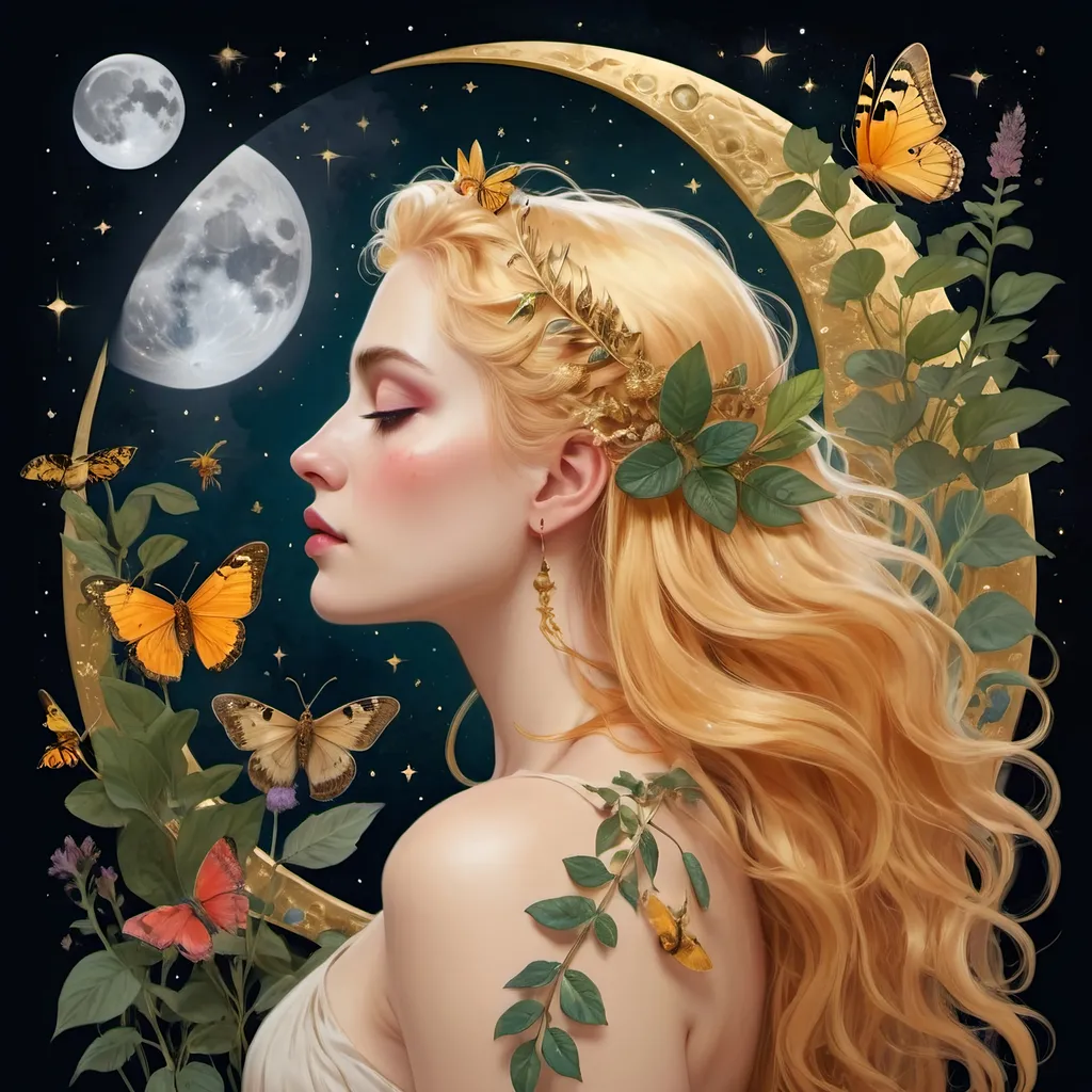 Prompt: A profile beautiful and colourful picture of Persephone with pure gold hair surrounded by plants, moths and animals framed by the moon and constilations