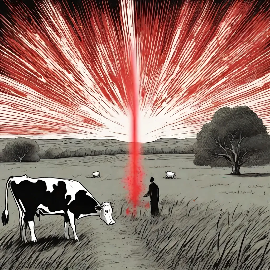 Prompt: a scared man in the cow pasture seeing a red laser on the horizon causing a huge explosion