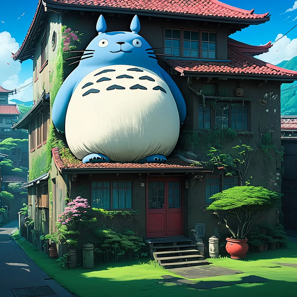 Prompt: studio ghili scene of graffiti in house spirited away combined with totoro 