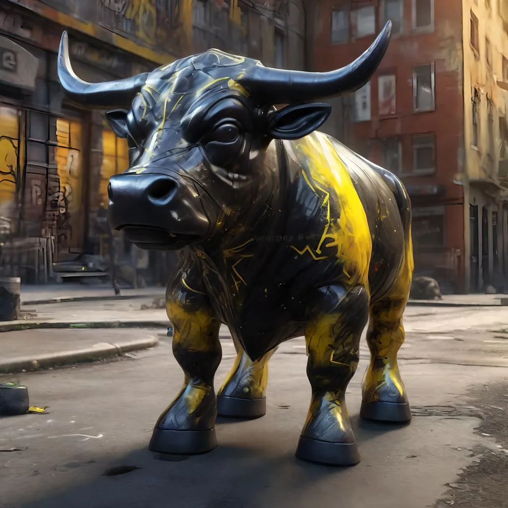 Prompt: A black and yellow translucent dwarf bull humanoid made of black carbon fiber, graffiti all over it, standing up in the ghetto, highly detailed painting, photorealistic, sparkles, magical atmosphere, 8k