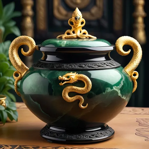 Prompt: Onyx and jade pot, gold serpent handles, ancient mystical artifact, detailed carvings, luxurious material, high quality, fantasy, antique style, rich green and black tones, dramatic lighting, intricate details