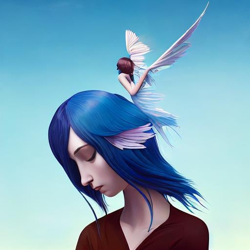Prompt: In style of christian Schloe and daria Petrilli, a giant colorful bird flying with a beautiful cute girl with a very long and wild  ombre gradient blue hair on its back in a beautiful starry sky. Craquelure, egg tempera effect, Naive art, extremely detailed, optical illusion, oil painting 