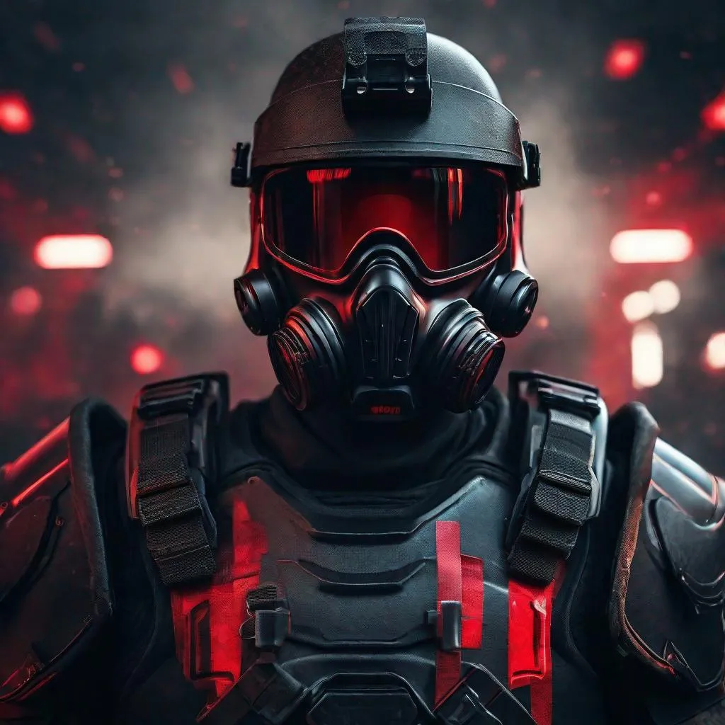 Prompt: modern roman military male, black military armor with red L.E.D. strips, galea helmet, gas mask, World War 3 background, hyperrealistic, sharp focus, professional, UHD, HDR, 8K, electronic, dramatic, vivid, pressure, nervous vibe, loud, tension, dark, epic, futuristic, detailed armor, intense gaze, futuristic battlefield, high-tech, atmospheric lighting