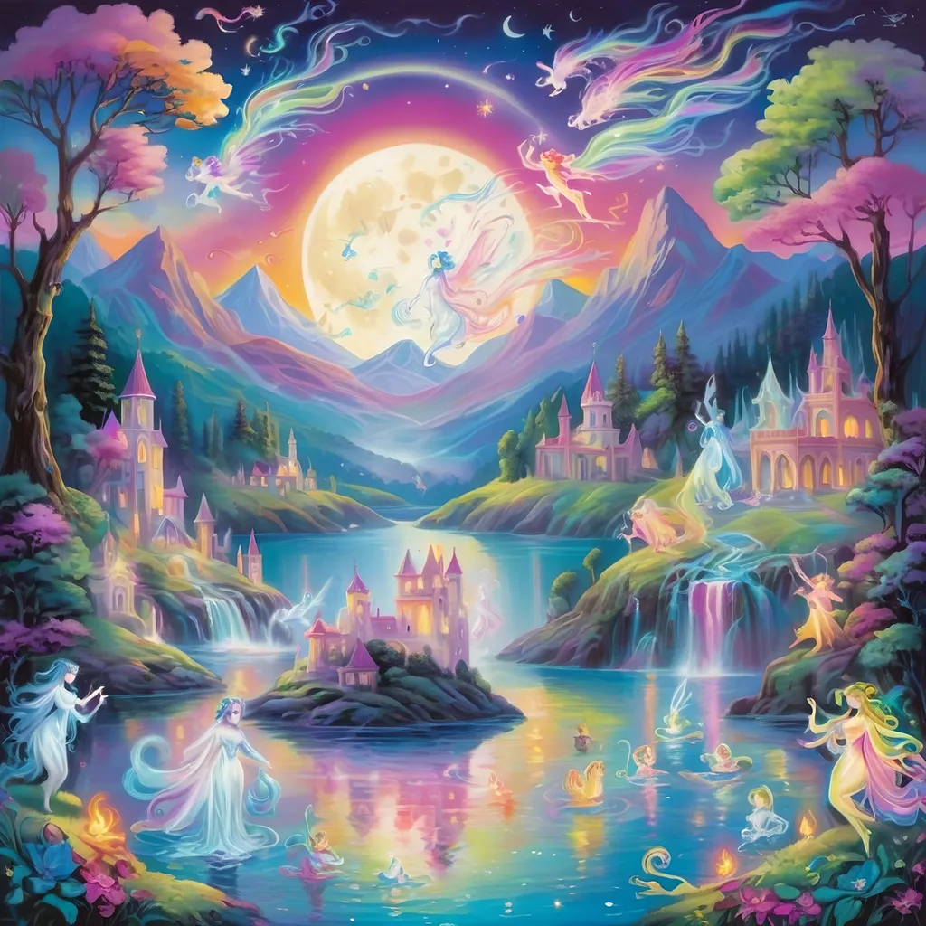 Prompt: Lisa Frank's style portrays a medieval legend where ethereal beings, illuminated as will-o'-the-wisps, dance around an ancient, moonlit lake. The scene is rich in romantic symbolism, with the will-o'-the-wisps depicted as delicate, ghostly figures. Their dance creates a mesmerizing pattern of light, leading the viewer's eye through the mystical, moonlit waterscape. 