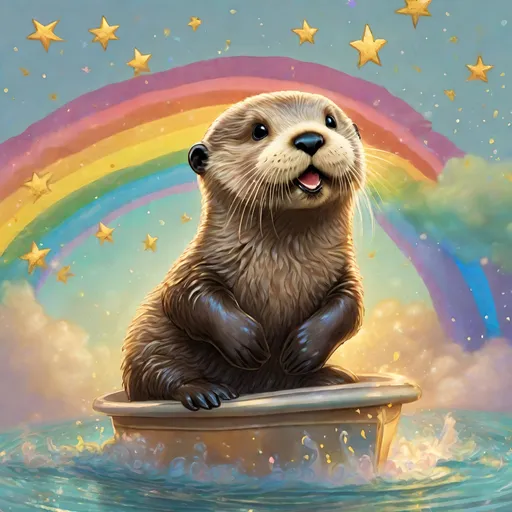 Prompt: Realistic comic art of an baby sea otter riding on top of a rainbow while farting golden glitter stars
