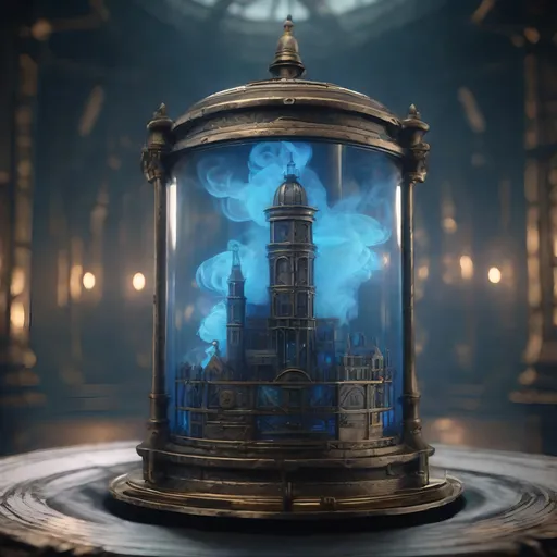 Prompt: An antique glass cylinder bound in a complex metal armature and a complex locking sealed top, containing swirling glowing blue smoke. It is surrounded by a miniature city. Occult dark-background, smoke-filled room, steampunk, octane render, 16k