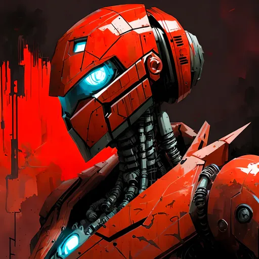 Prompt: cartoon red locust robot , cyberpunk tones, cyberpunk colors, mechanical environnement with vines and vegetation
