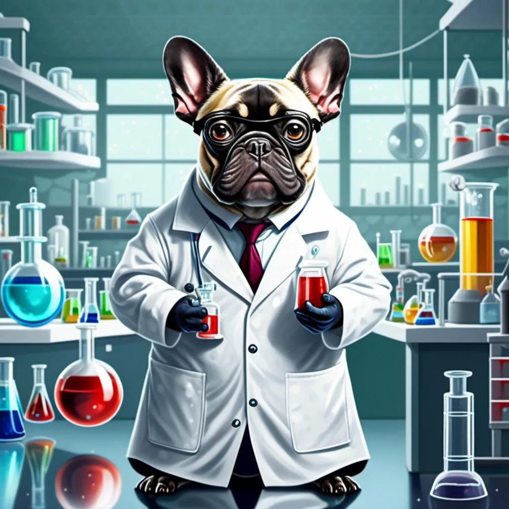 Prompt: <mymodel>French Bulldog synthesizing chemicals in a lab coat in a laboratory setting.