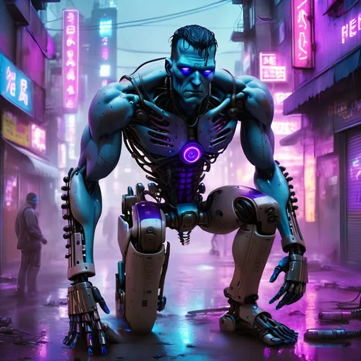 Prompt: Cyberpunk Frankenstein with technological modifications, futuristic setting, high-tech enhancements, neon-lit cityscape, detailed robotic limbs, intense and haunting gaze, electric blue and neon purple tones, gritty urban atmosphere, highres, ultra-detailed, cyberpunk, futuristic, detailed robotic limbs, haunting gaze, electric blue tones, neon purple tones, gritty atmosphere, high-tech enhancements