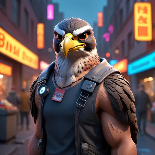 Prompt: anthropomorphic falcon wearing cyberpunk street vendor, realistic, muscular, human proportions, on the streets of Night City, huge grin, lots of scars, cyberpunk,  high definition, professional Pixar, Disney, concept art, 3d digital art, Maya 3D, ZBrushCentral 3D shading, bright colored background, radial gradient background, cinematic, Reimagined by industrial light and magic, 4k resolution post processing