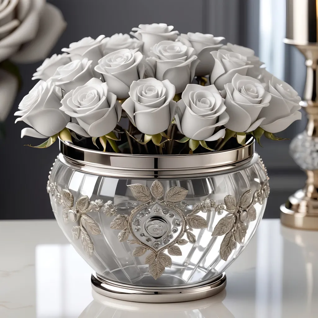 Prompt: Clear crystal pot with platinum accents, filled with metallic platinum roses, high quality, detailed, luxurious, crystal medium, platinum accents, reflective surfaces, intricate detailing, elegant design, soft lighting, sophisticated, platinum roses, crystal clear, high-end, opulent