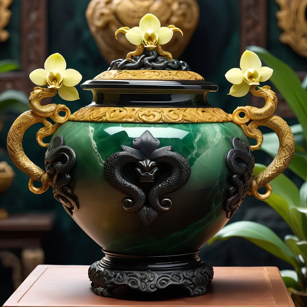 Prompt: Onyx and jade pot, gold serpent handles, ancient mystical artifact, detailed carvings, luxurious material, high quality, fantasy, antique style, rich green and black tones, dramatic lighting, intricate details, orchids inside