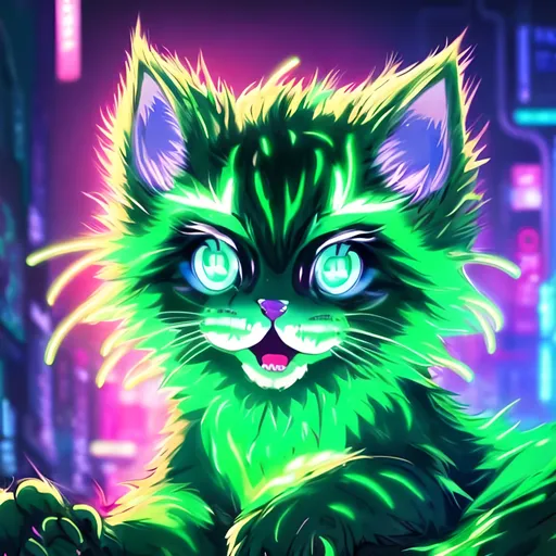 Prompt: Glowing green anime illustration of a playful kitten, vibrant shades of green, futuristic digital setting, neon lights in the background, radiant fur with luminous glow, big expressive eyes, high-tech collar, best quality, highres, ultra-detailed, anime, futuristic, glowing green, digital art, playful, vibrant, neon lights, luminous fur, expressive eyes, professional, futuristic lighting